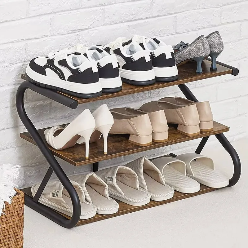 Living and Home Rustic S-Frame Shoe Rack 3-Tier Shelf Wooden Plant Stand in Brown - Brown