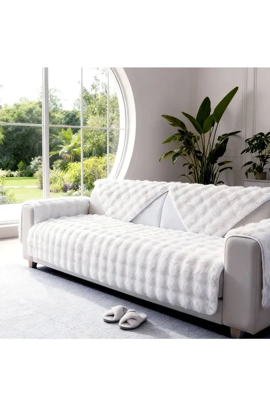 Living and Home Sleek Textured Plush Sofa Cover in White Size: Medium White Medium