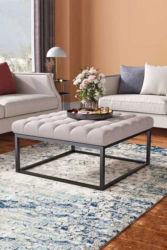 Living and Home Square Linen Footstool with Metal Frame in Beige Beige