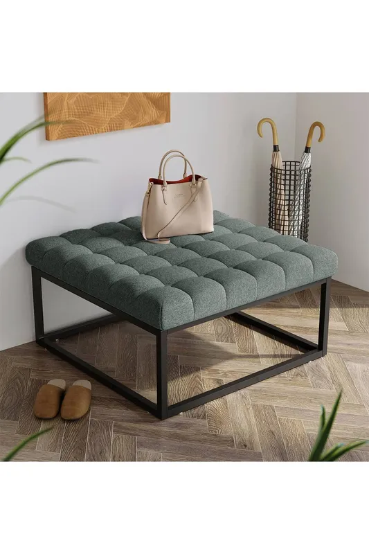 Living and Home Square Linen Footstool with Metal Frame in Grey - Grey