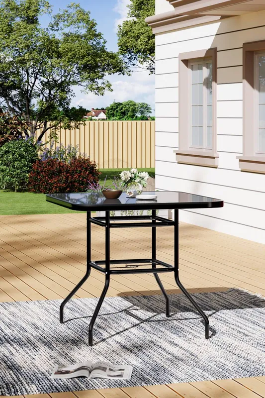 Living and Home Square Steel and Tempered Glass Garden Dining Table in Black Black