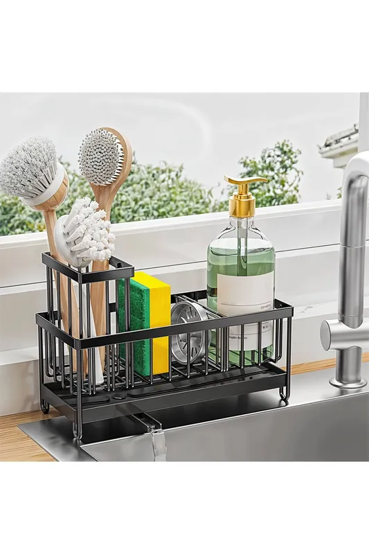 Living and Home Steel Kitchen Sink Caddy Organizer Rack with Drain Tray in Black Black