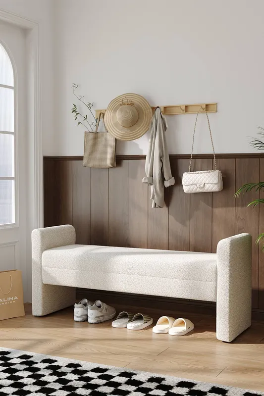Living and Home Teddy Upholstered H-Shaped Bench in White - White - Size: One Size