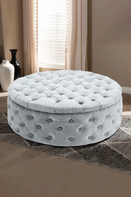 Living and Home Tufted Round Cocktail Footstool in Grey - Grey