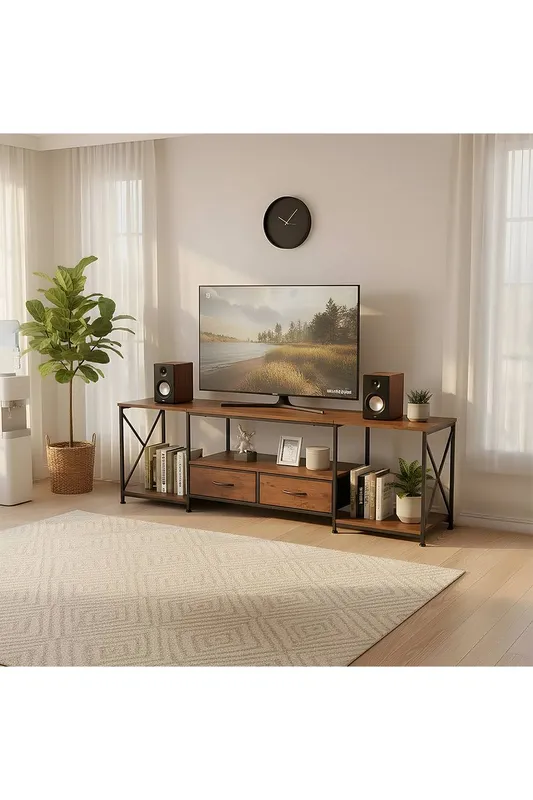 Living and Home TV Stand with Fabric Drawers in Brown - Brown