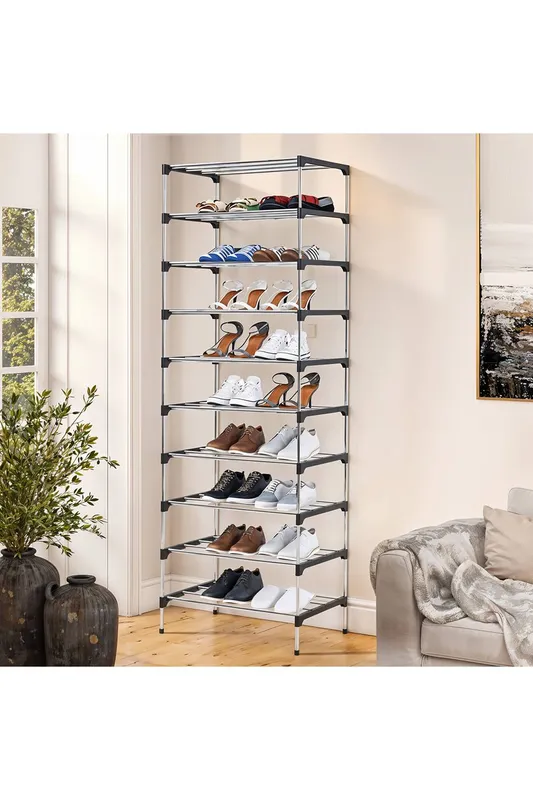 Living and Home 10-Tier Shoe Rack Metal Shoe Holder Shelf in Black - Black
