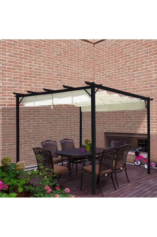 Living and Home Unisex 10x10ft Outdoor Retractable Steel Pergola w/ Removable Sun Shade Canopy in Beige Beige One Size female