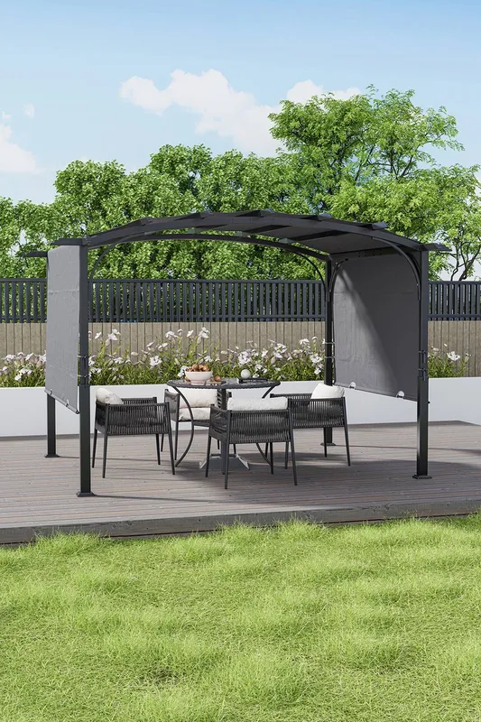 Living and Home Unisex 12x9ft Arc-Shaped Steel Pergola w/ Retractable Canopy in Black Black One Size female