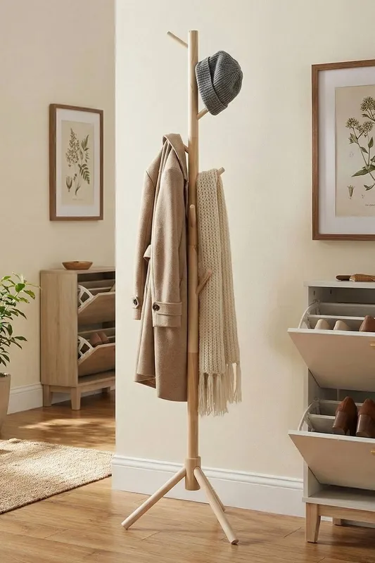 Living and Home 175cm Pine Wooden Coat Rack Garment Rack with 8 Hooks in Beige - Beige