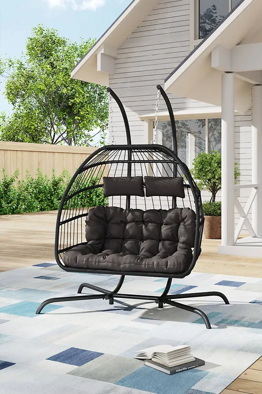 Living and Home 2-Seater Outdoor Hanging Egg Chair in Black - Black