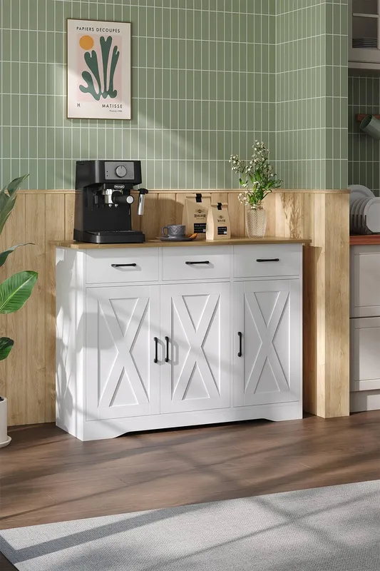 Living and Home 3-Door Wooden Sideboard with 3 Drawers in White White