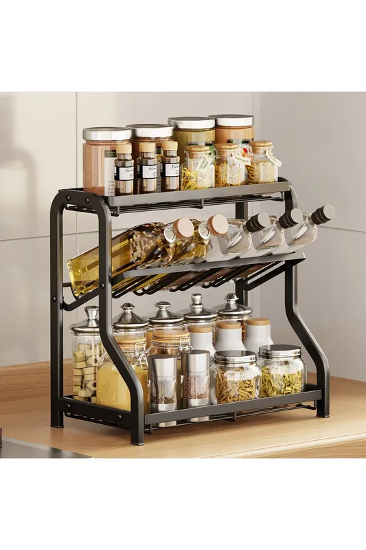 Living and Home Unisex 3-Tier Kitchen Metal Spice Rack in Black Black One Size female
