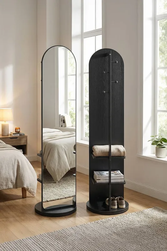 Living and Home 360° Rotating Full-Length Mirror with Coat Rack in Black - Black - Size: One Size