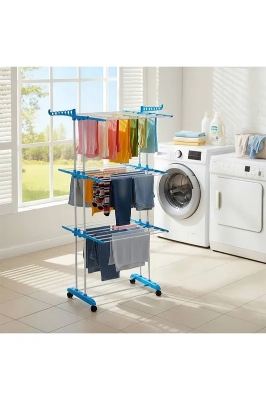 Living and Home 4-Tier Foldable Clothes Drying Rack Clothes Airer Towel Laundry Rack in Blue - Blue