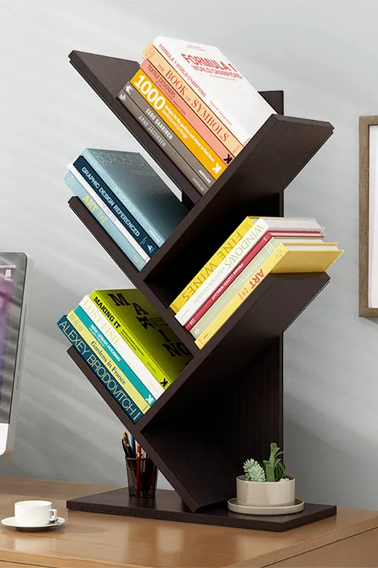 Living and Home 5 Tier Rustic Standing Tree Bookshelf in Black - Black