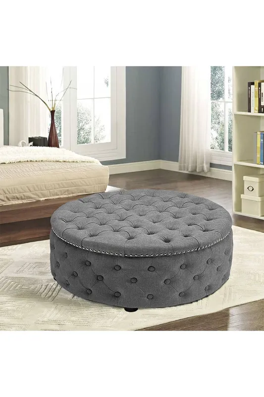 Living and Home 75cm W Tufted Round Cocktail Footstool in Grey - Grey