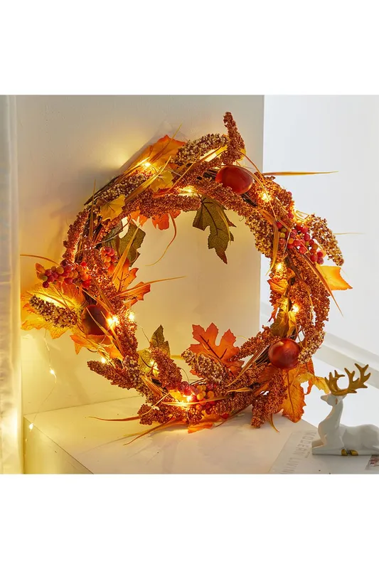 Living and Home Artificial Maple Leaf Acorn Harvest Wreath with LED Lights in Orange - Orange - Size: One Size