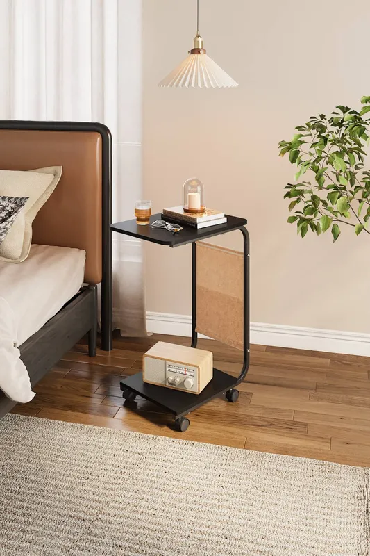 Living and Home C-Shaped Side Table with Storage Bag in Black Black