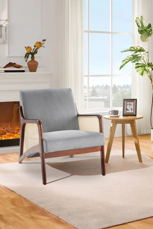 Living and Home Unisex Corduroy Armchair w/ Rattan Armrest in Grey Grey female