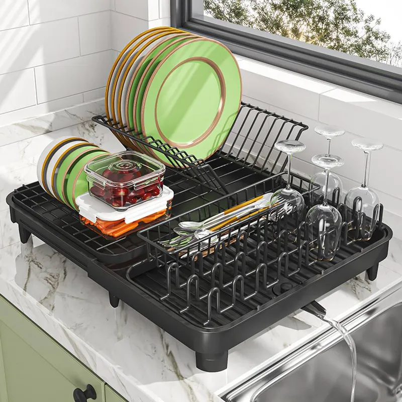 Living and Home Expandable Kitchen Dish Drainer Rack with Drainage Outlet in Black - Black