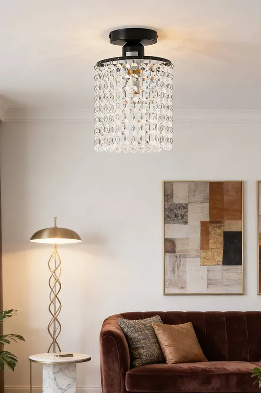 Living and Home Frame Crystal Semi-Flush Mount Ceiling Light in Black - Black
