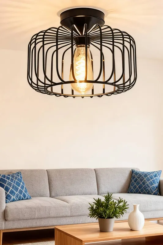 Living and Home Industrial Black Metal Cage Ceiling Light - Black - Size: One Size