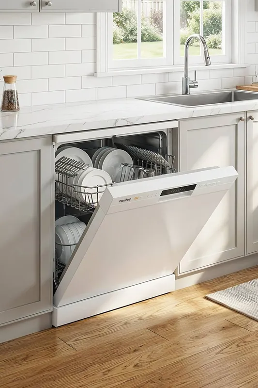 Living and Home Large Capacity 12 place settings Self-Clean Cloud Wash Freestanding Dishwasher in White - White