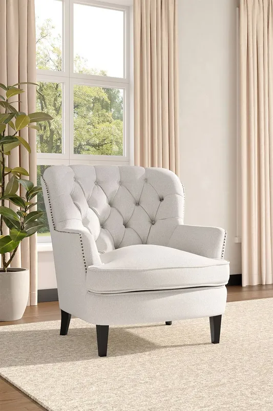 Living and Home Linen Upholstered Armchair with Wooden Legs in Beige Beige