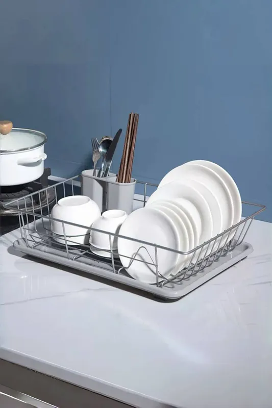 Living and Home Metal Dish Drainer Rack Dish Drying Storage Rack with a Removable Tray&Drainage Outlet Kitchen in Silver Silver