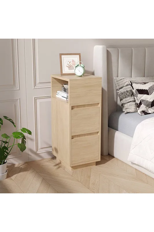 Living and Home Minimalist Bedside Table with Drawers in Natural - Natural