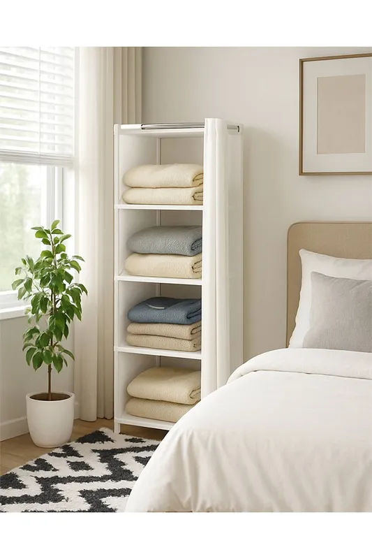 Living and Home Multi-tier Portable Wardrobe Storage Shelf with Curtain in White White