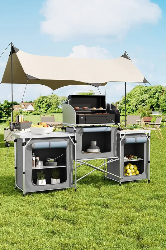 Living and Home Unisex Outdoor Portable Camping Kitchen Table, Stand Unit Grey One Size female