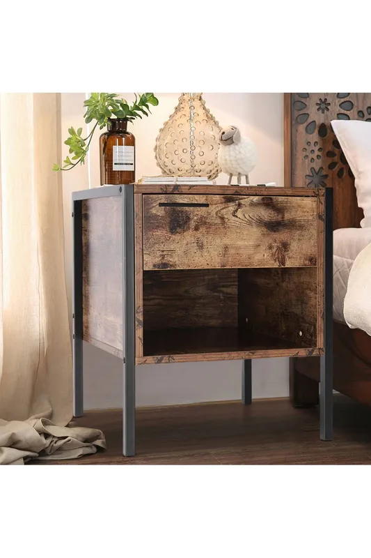 Living and Home Retro Industrial-style Bedside Table in Brown - Brown - Size: One Size