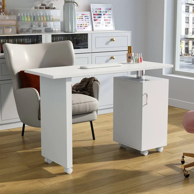 Living and Home Rolling Manicure Salon Station with Storage in White - White - Size: One Size