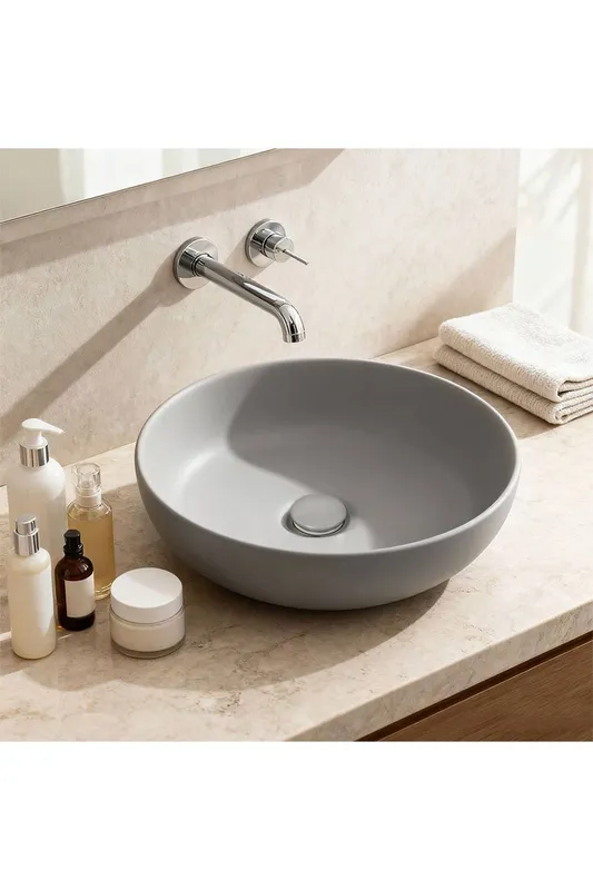 Living and Home Round Ceramic Countertop Washbasin Vessel Sink in Grey - Grey