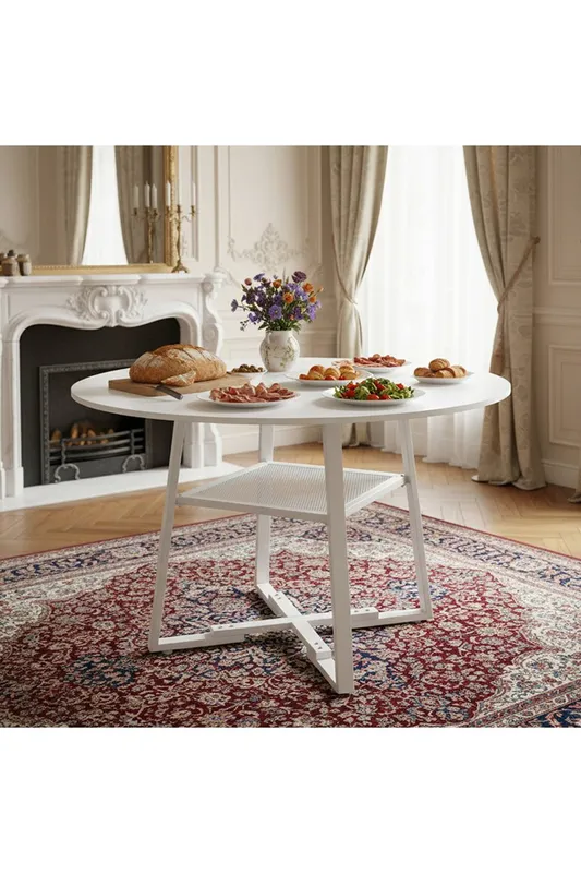 Living and Home Round Dining Table with Storage Shelf in White - White