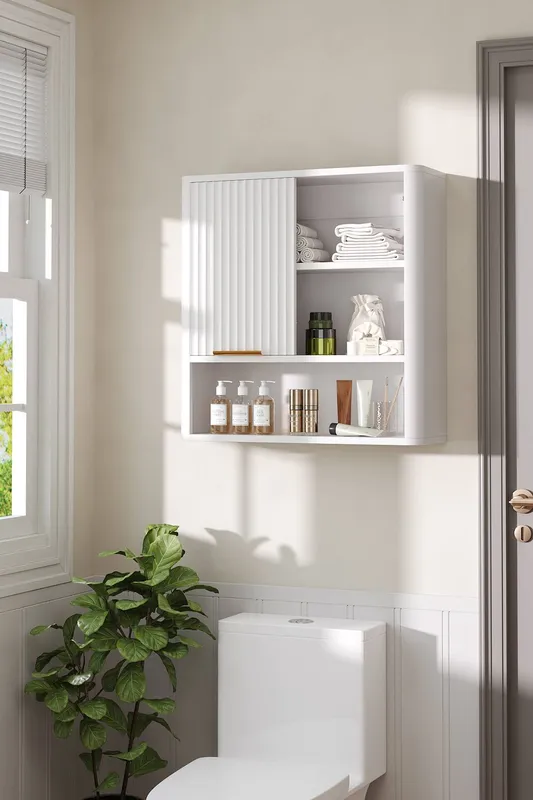 Living and Home Wall-Mounted Wooden Bathroom Cabinet with Sliding Door in White White