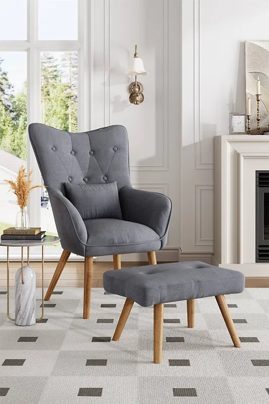 Living and Home Velvet Upholstered Armchair with Footstool in Grey - Grey
