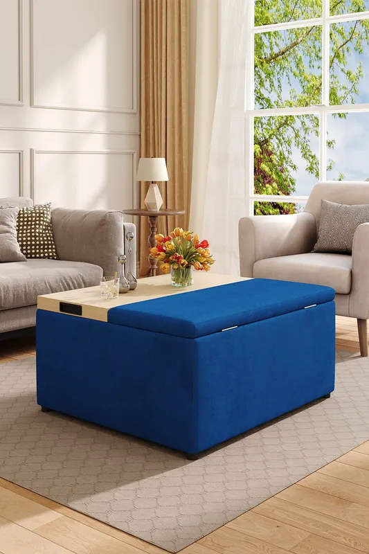 Living and Home Velvet Upholstered Storage Ottoman Stool in Blue Blue
