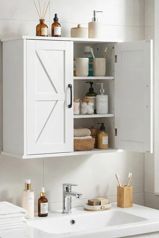 Living and Home Wall-Mounted Bathroom Cabinet with Doors in White White