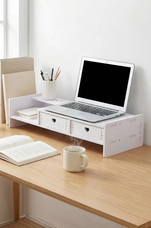 Living and Home Unisex White Monitor Stand Riser w/ 2 Drawers White female