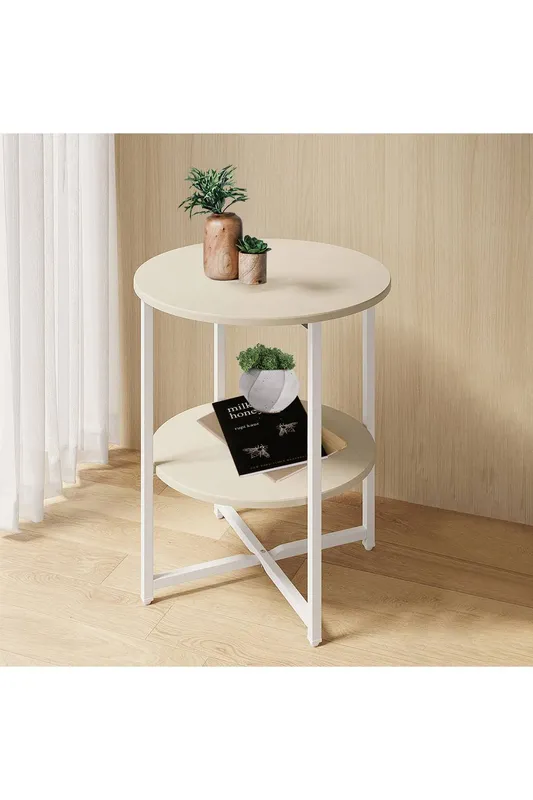 Living and Home White Small Round Coffee Table with 2 Tier - White