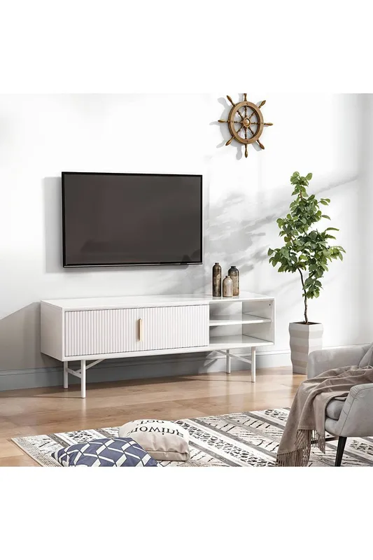 Living and Home Unisex White Striped Wooden TV Stand White One Size female