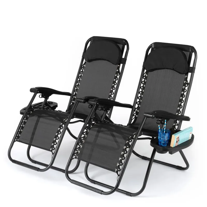 Livivo Outdoor Gravity Textline Chair Set with Headrest & Tray - Set of 2 in Black - Black