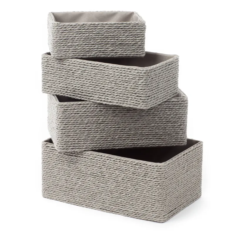 Livivo Set of 4 Woven Hamper Storage Baskets in Grey - Grey