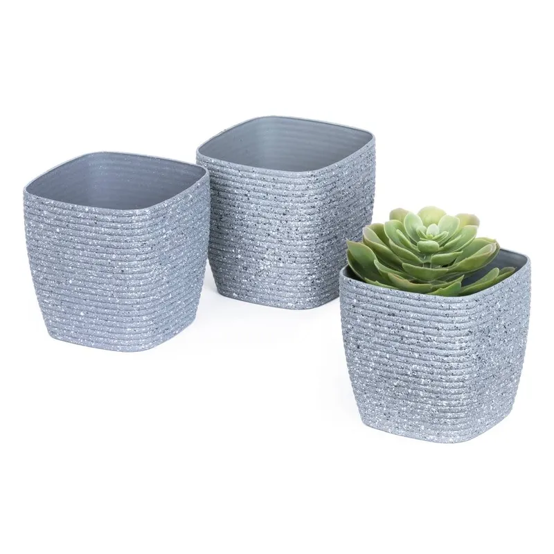 Livivo Set of 3 Grey Decorative Plastic Plant Pots - 12cm - Grey
