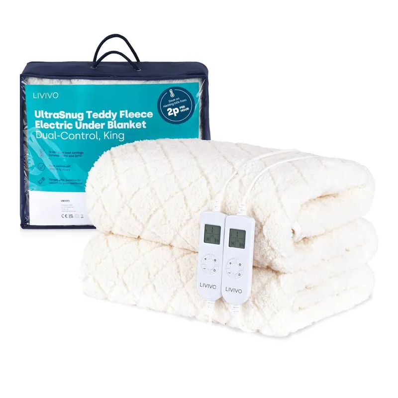 Livivo UltraSnug Teddy Fleece Electric Heated Underblanket - King with Dual Controls in Off-White Off-White