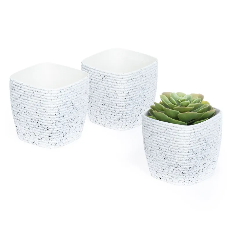 Livivo White Plastic Plant Pots with Stripe Design - 12cm White