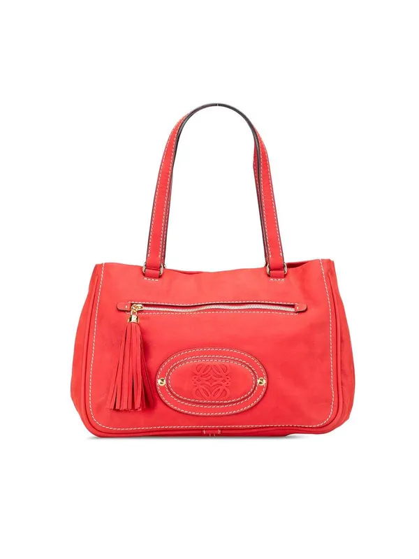 Loewe Women's Preloved Nubuck Anagram Madrid Fringe Shoulder Bag in Red Red female
