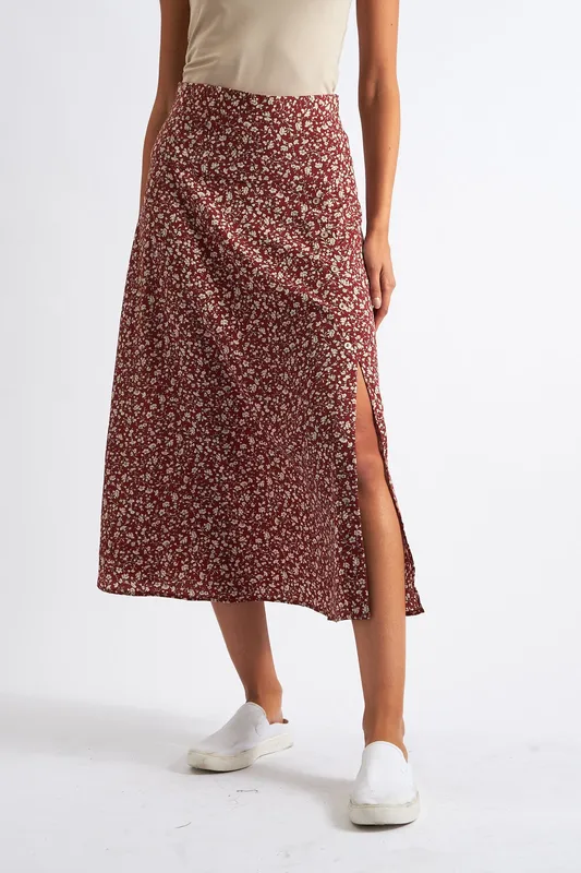 Louche Barney Floral Print Midi Skirt Rust Rust